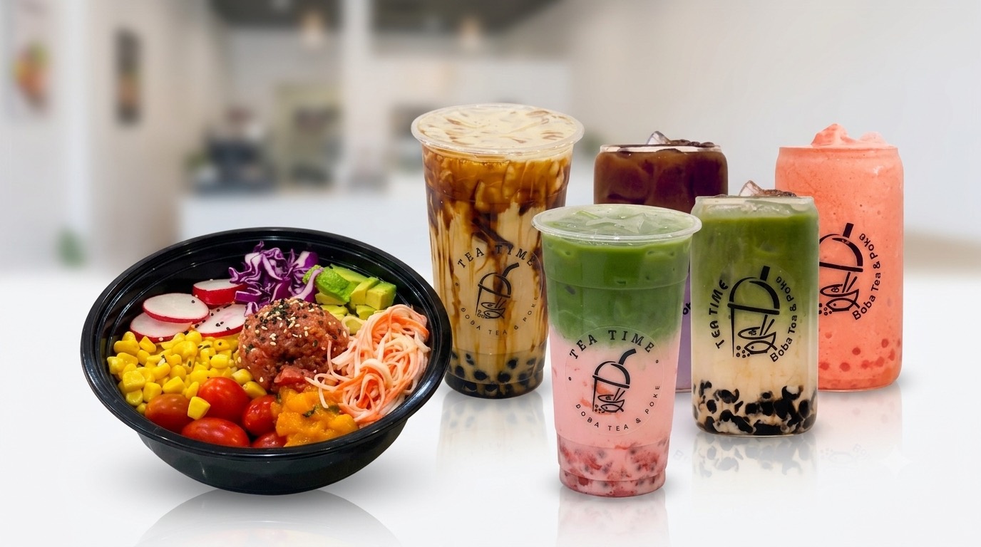 A Tea Time poke bowl next to brown sugar boba, strawberry matcha and other drinks in Tea Time cups