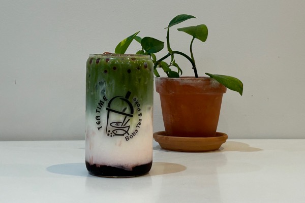 Raspberry Matcha Latte drink at Tea Time in Waco
