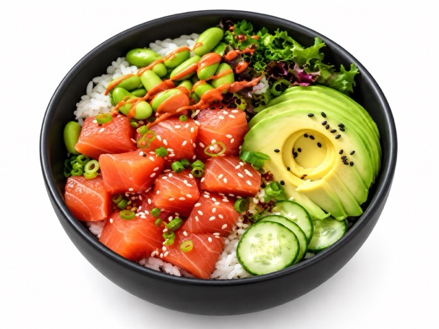 Poke bowl with ahi tuna, salmon, avocado and cucumber